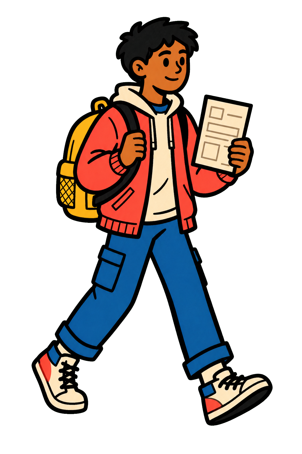 A teen carrying a backpack and a family notice